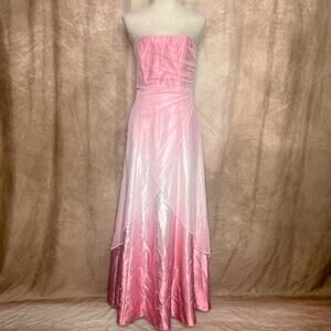 Vintage Y2K Prom Dress Strapless Ombre Gown Chiffon Floral Embroidered Pink